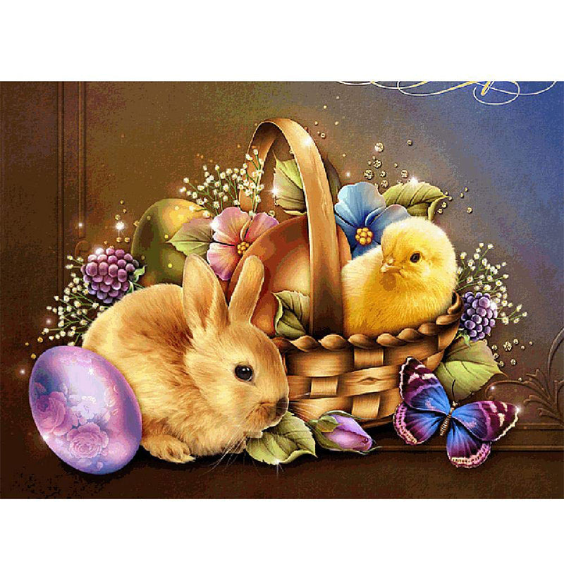 lapin et poussin | Kits complets de peinture au diamant rond 