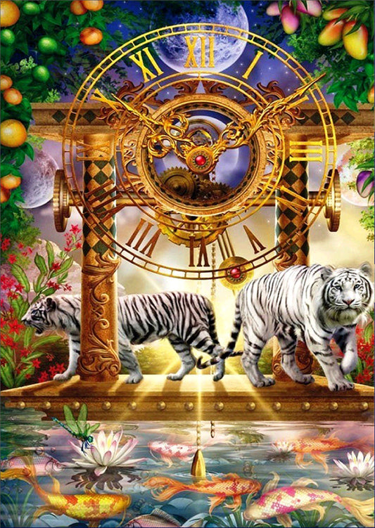 Zwei Löwen unter der Uhr | Vollkreis-Diamant-Malset 