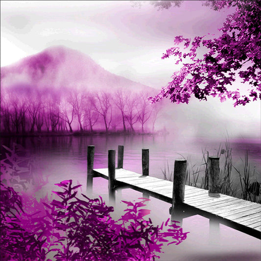 Beau paysage violet | Kits complets de peinture au diamant rond