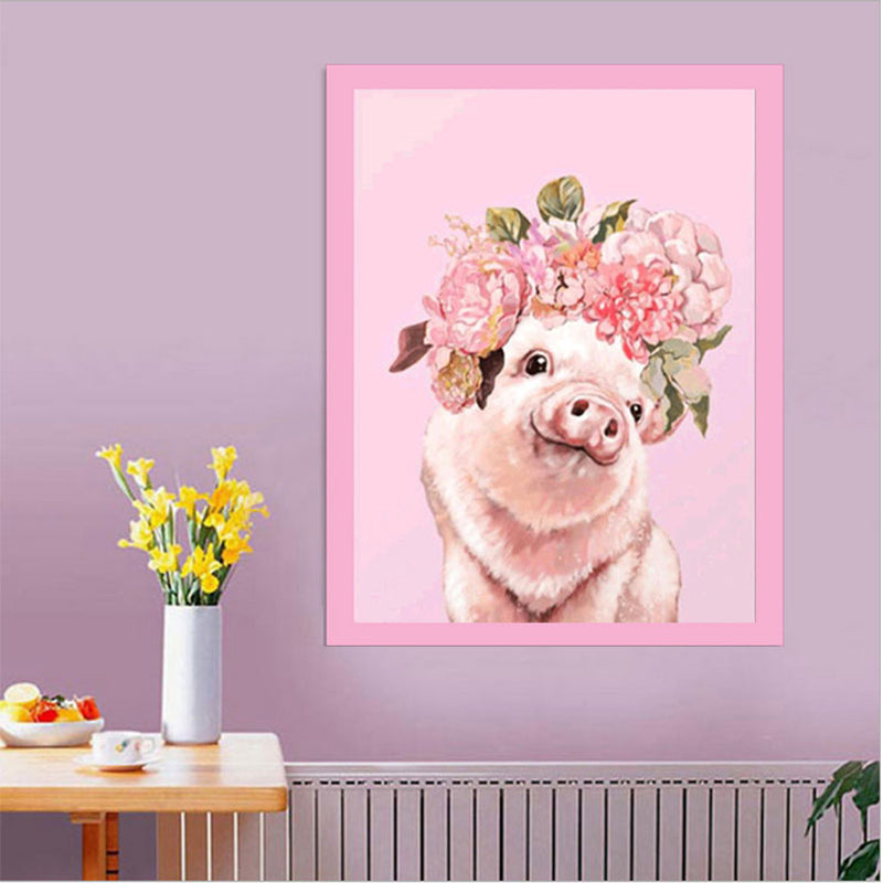 Cochon mignon rose | Kits complets de peinture au diamant rond 