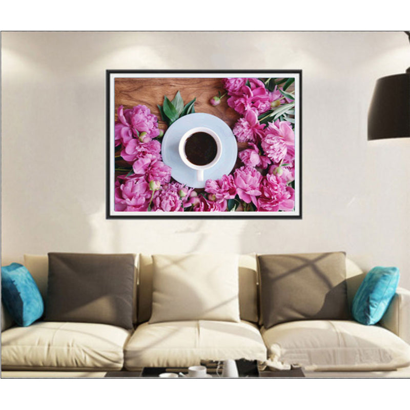 Fleurs roses et café | Kits complets de peinture au diamant rond