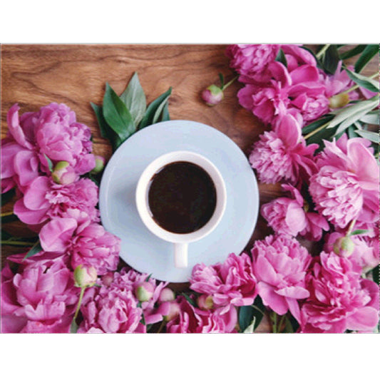 Pink Flowers And Coffee  | Full Round Diamond Painting Kits