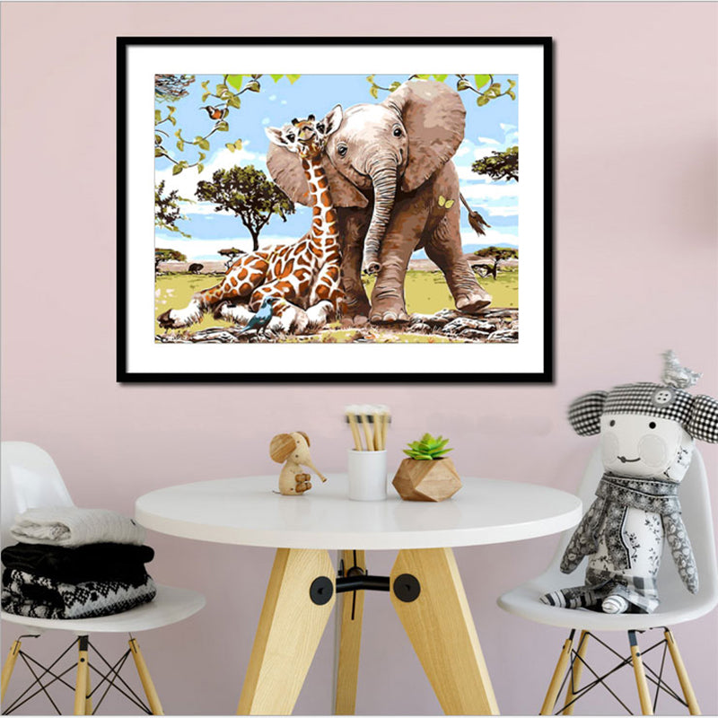 éléphant et girafe | Kits complets de peinture au diamant rond