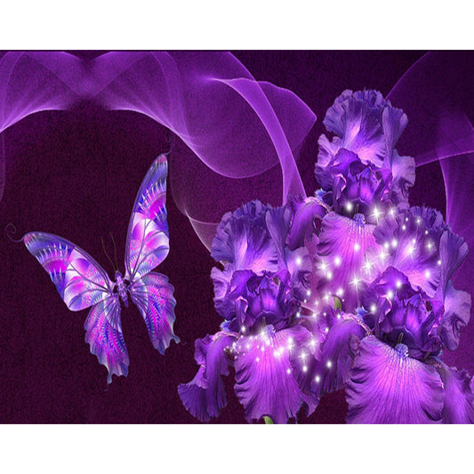 Papillon violet et fleur | Kits complets de peinture au diamant rond 