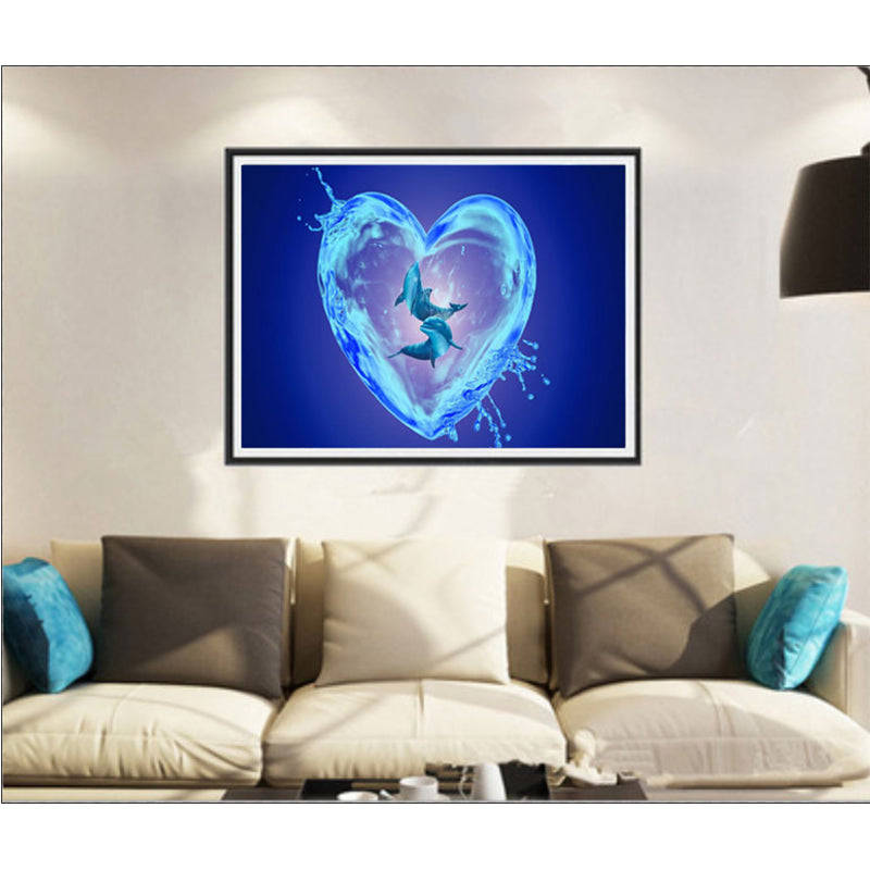 Dolphin In Blue Heart | Full Round Diamond Painting Kits