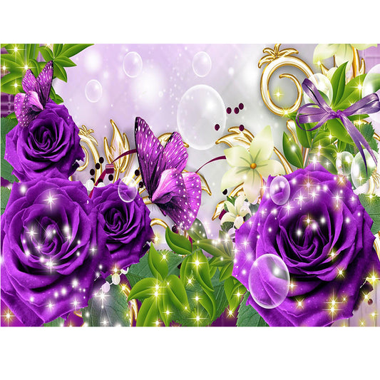 Purple Rose Butterfly  | Full Round Diamond Painting Kits