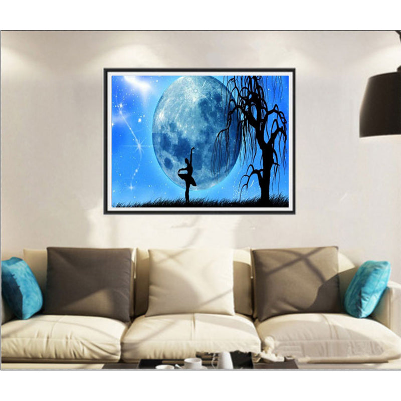Girl Dancing Under The Blue Moon | Full Round Diamond Painting Kits