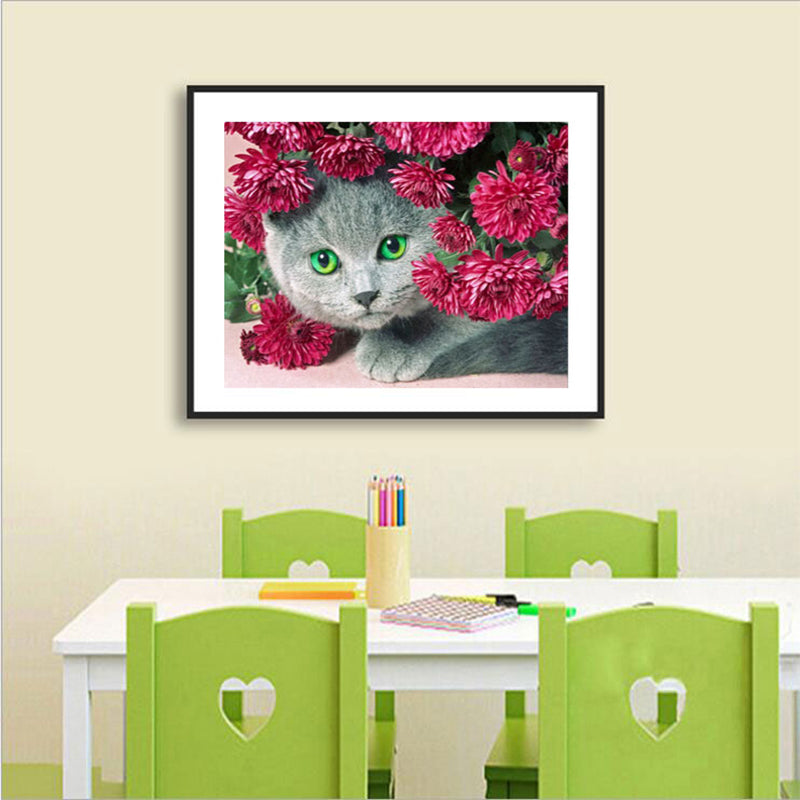 Cat And Flower  | Full Round Diamond Painting Kits