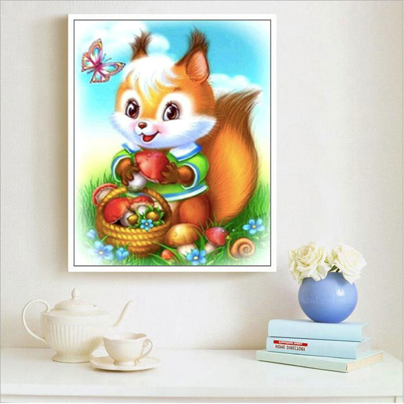Cartoon Squirrel Picking Mushrooms  | Full Round Diamond Painting Kits