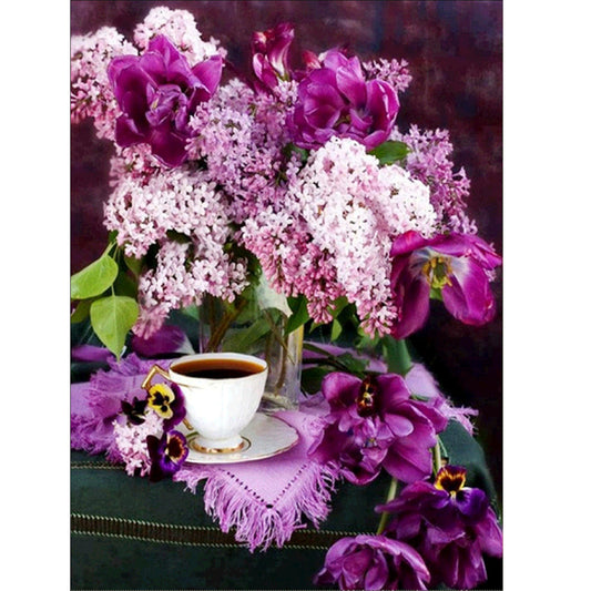 Café sous fleur violette | Kits complets de peinture au diamant rond 