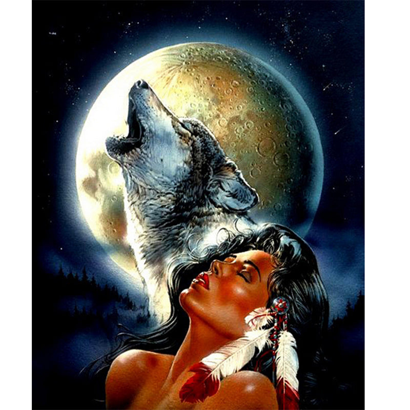 Moon Wolf And Beauty  | Full Round Diamond Painting Kits