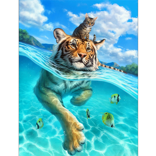 Tigre de natation | Kits complets de peinture au diamant rond