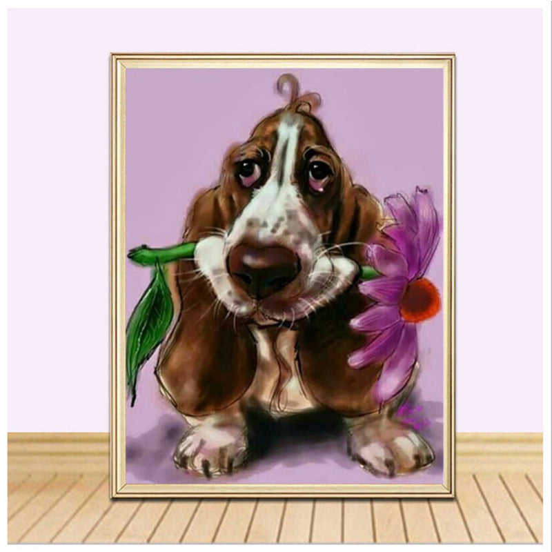 Dog Biting Flower  | Full Round Diamond Painting Kits