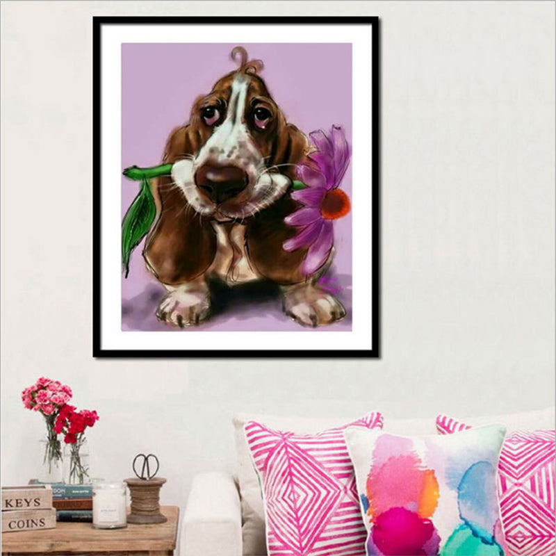 Dog Biting Flower  | Full Round Diamond Painting Kits