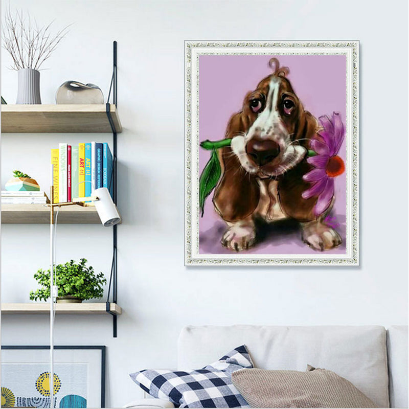 Dog Biting Flower  | Full Round Diamond Painting Kits