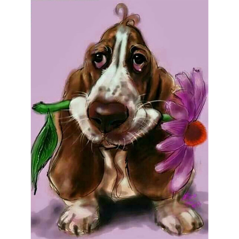 Dog Biting Flower  | Full Round Diamond Painting Kits