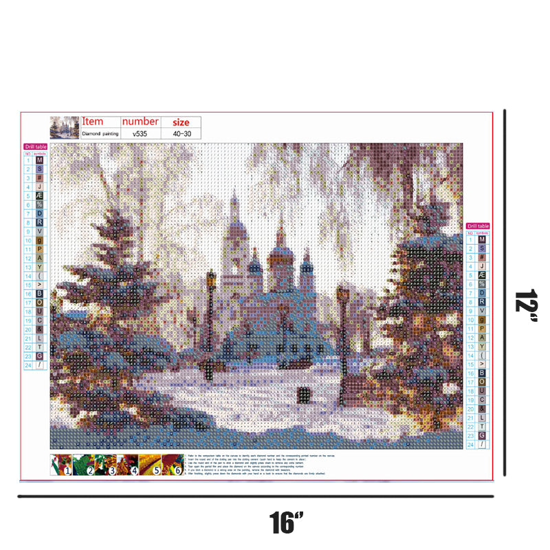 Belle scène de neige de château | Kits complets de peinture au diamant rond 