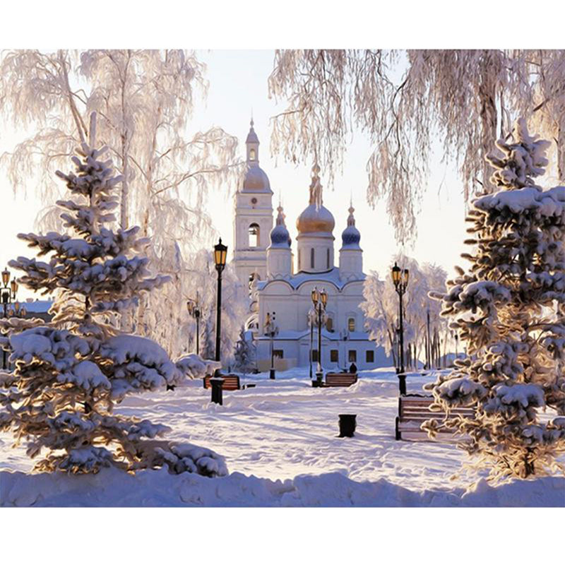 Belle scène de neige de château | Kits complets de peinture au diamant rond 