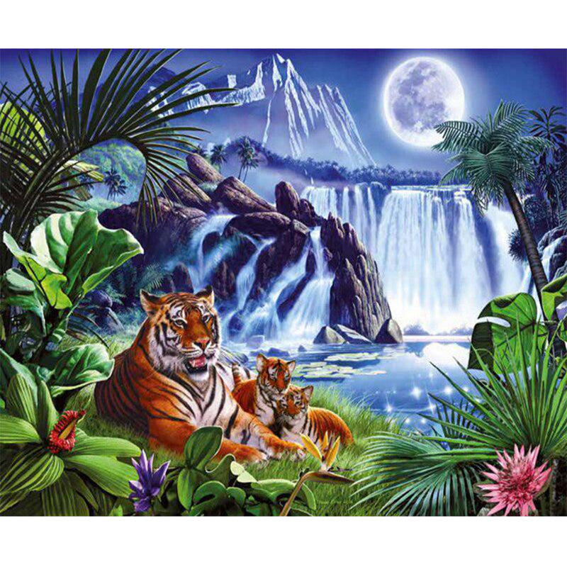 Vues sur la cascade et le tigre | Kits complets de peinture au diamant rond