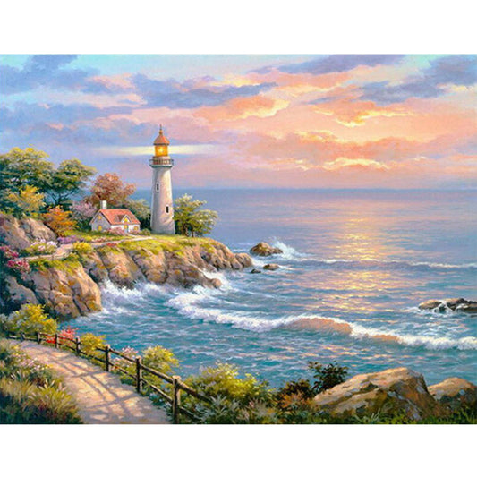 Phare Au Bord De La Mer | Kits complets de peinture au diamant rond 