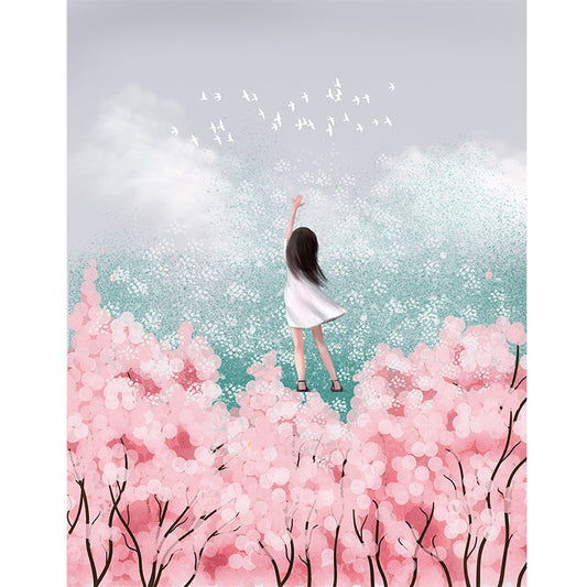 Pink Flowers And Girl  | Full Round Diamond Painting Kits